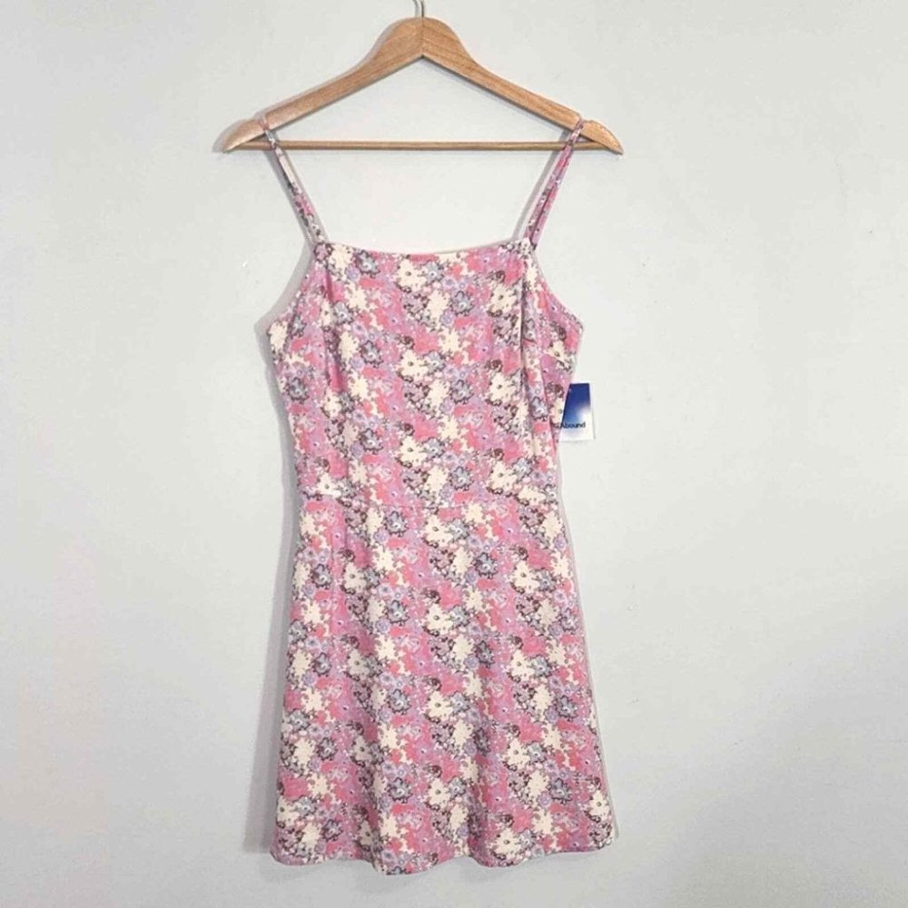NWOT Abound Square Neck Printed Mini Dress In Pink Fade To Flower Haze, Small